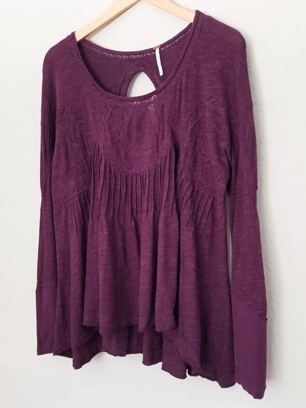 Free People New Hope Babydoll Long Sleeves Top S Eggplant Cutout Peasant Boho